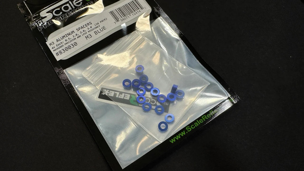 Scale Reflex VARIETY PACK: M3 Aluminum Spacer Shims (0.5mm - 1mm 2mm 3mm) 3x6 (16-Pack) BLUE