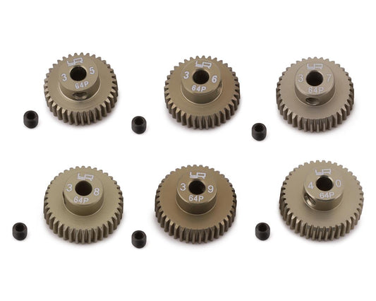 Yeah Racing Hard Coated 64P Aluminum Pinion Gear Set (35, 36, 37, 38, 39, 40T) (3.17mm Bore)